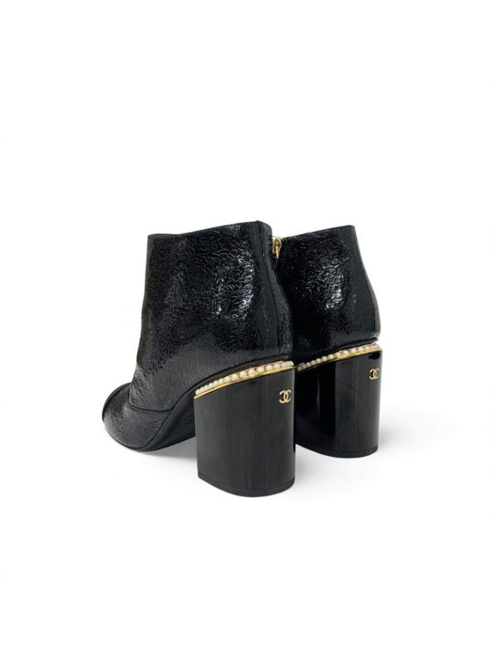 Chanel Short Boots Shoes Leather Fabric Black Gold CC Logo Pearl - Picture 4 of 10